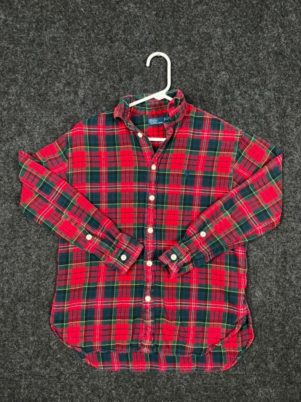 Polo Ralph Lauren red green tartan plaid flannel button down shirt women XS